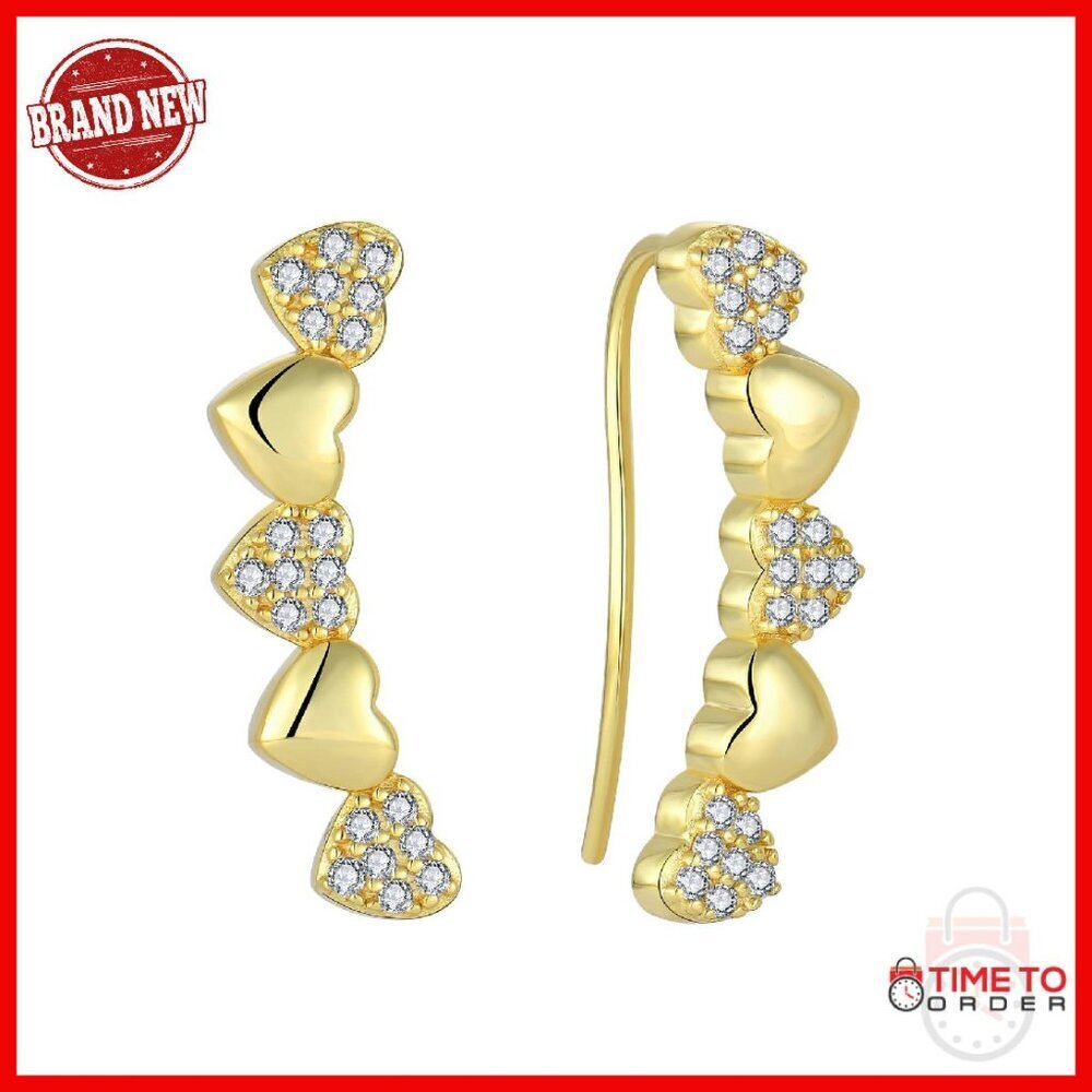 Sterling Silver Cubic Zirconia Heart Climber Earrings Hypoallergenic